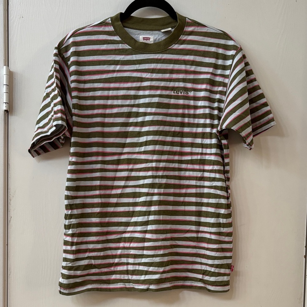 Levi's Men's Olive and Pink Striped Tee